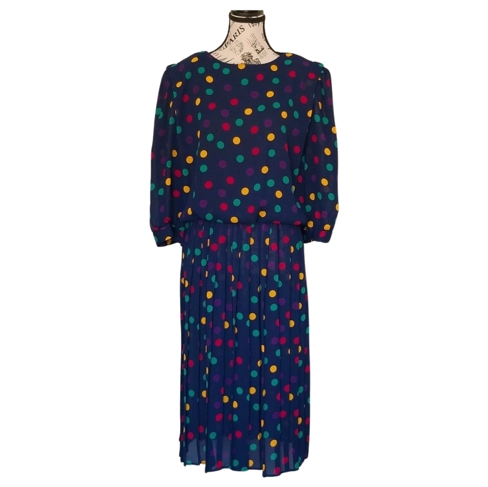 Vintage 80s Polka Dot Midi Dress – Multicolor on Navy – US 14